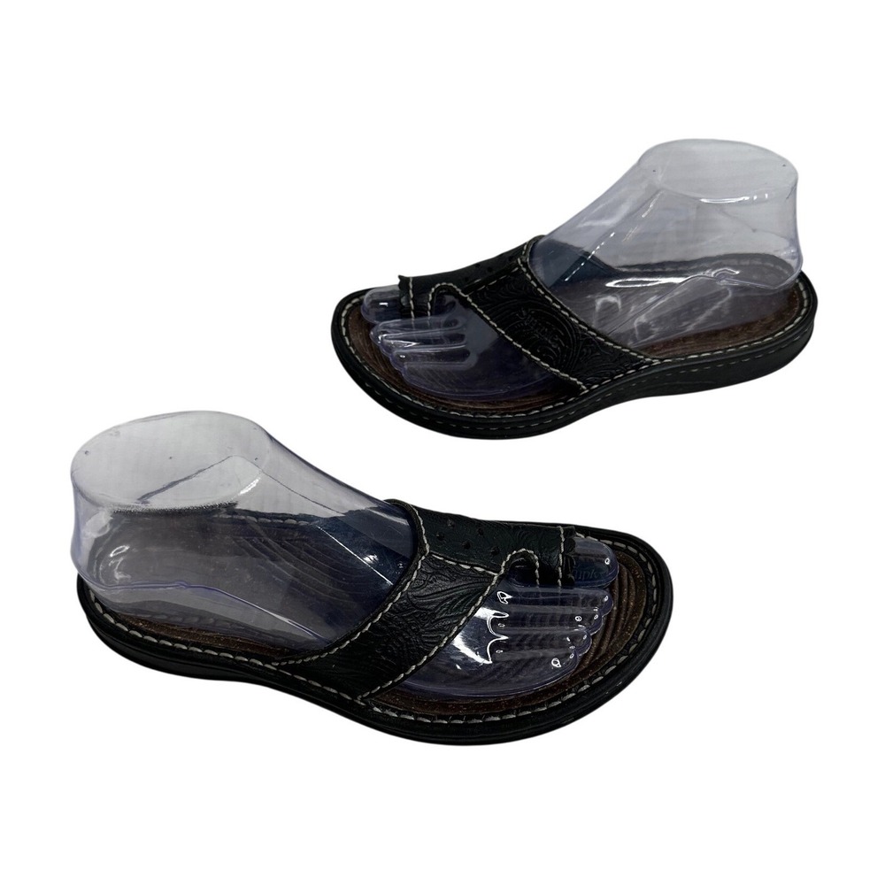 Simple‎ Slip On Black Embossed Leather Toe Ring Sandals Women's Size 6 boho